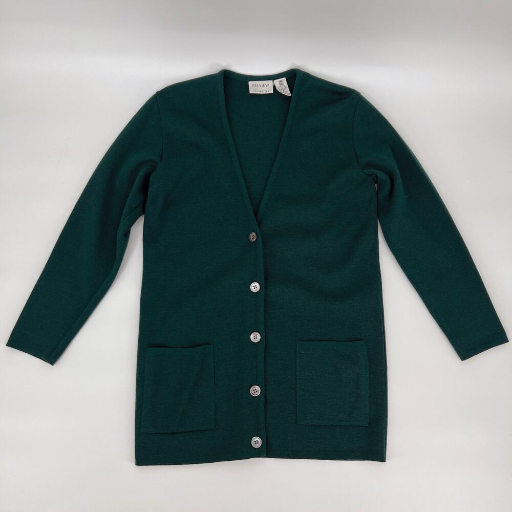 Vintage Nordstrom Preview Merino Wool Cardigan Small Green Button Long V Neck